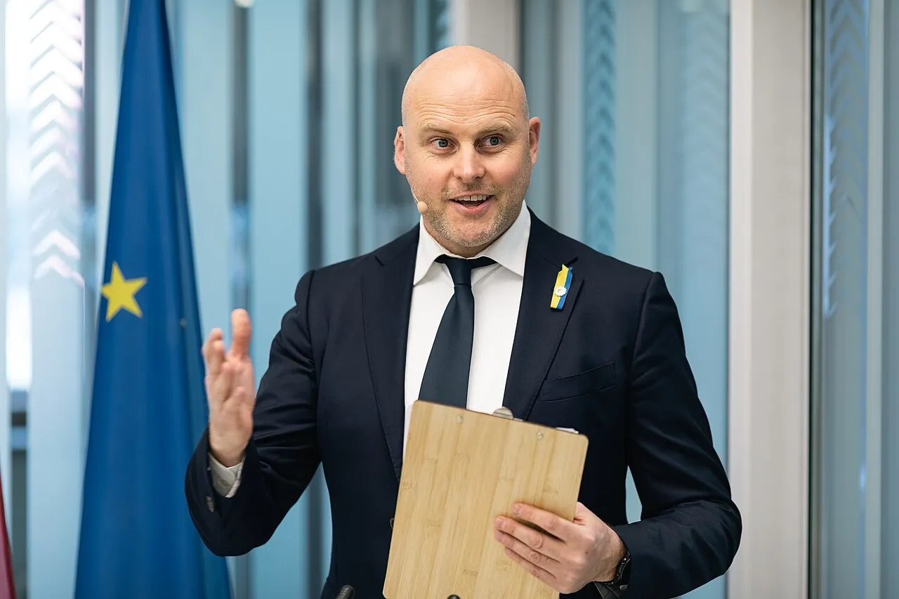Andris Kulbergs, leider van de Letse partij Apvienotais saraksts (United List), op een energieforum in Riga.