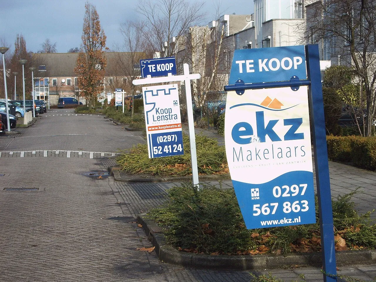 Huizen te koop in Nederland, elk met een te-koopbord voor het raam.