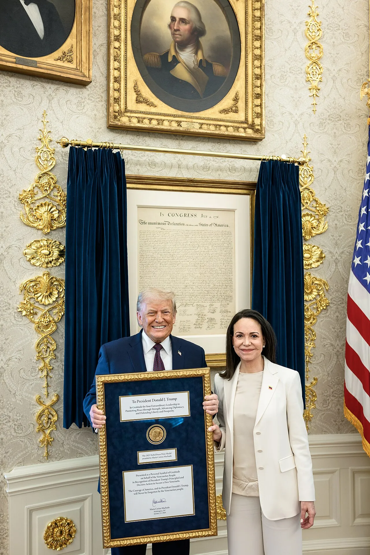 President Trump ontvangt oppositieleider María Corina Machado in het Oval Office, januari 2026.