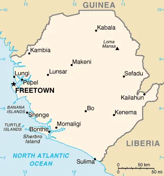 Kaart van Sierra Leone, het land waar voortvluchtige drugsverdachte Bolle Jos zich vermoedelijk schuilhoudt