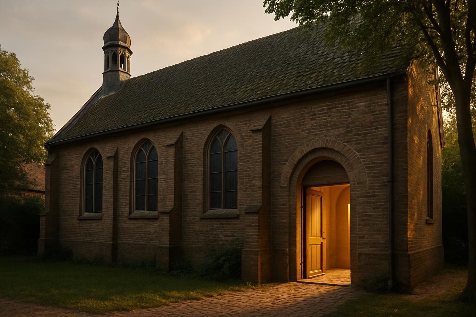 Een rustig kerkgebouw met een open deur in warm licht