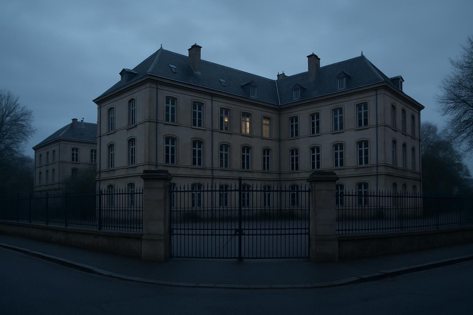 Een Franse middelbare school met gesloten hek, overdag leeg vanwege de protesten.