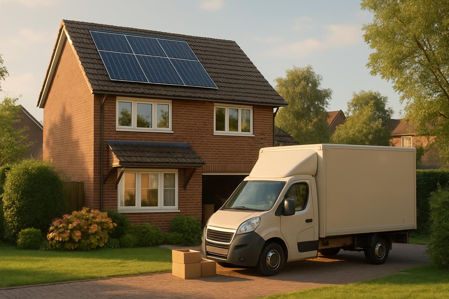 Een vrijstaand huis met zonnepanelen en een verhuiswagen op de oprit