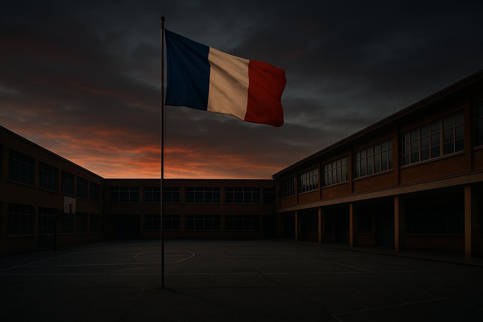 Franse vlag boven een lege schoolbinnenplaats, symbool voor de politieke spanning rond de scholierenprotesten