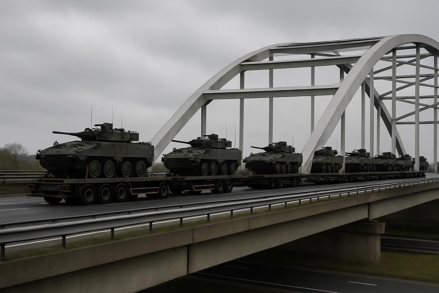 Militair transport met pantservoertuigen op een Nederlandse snelwegbrug