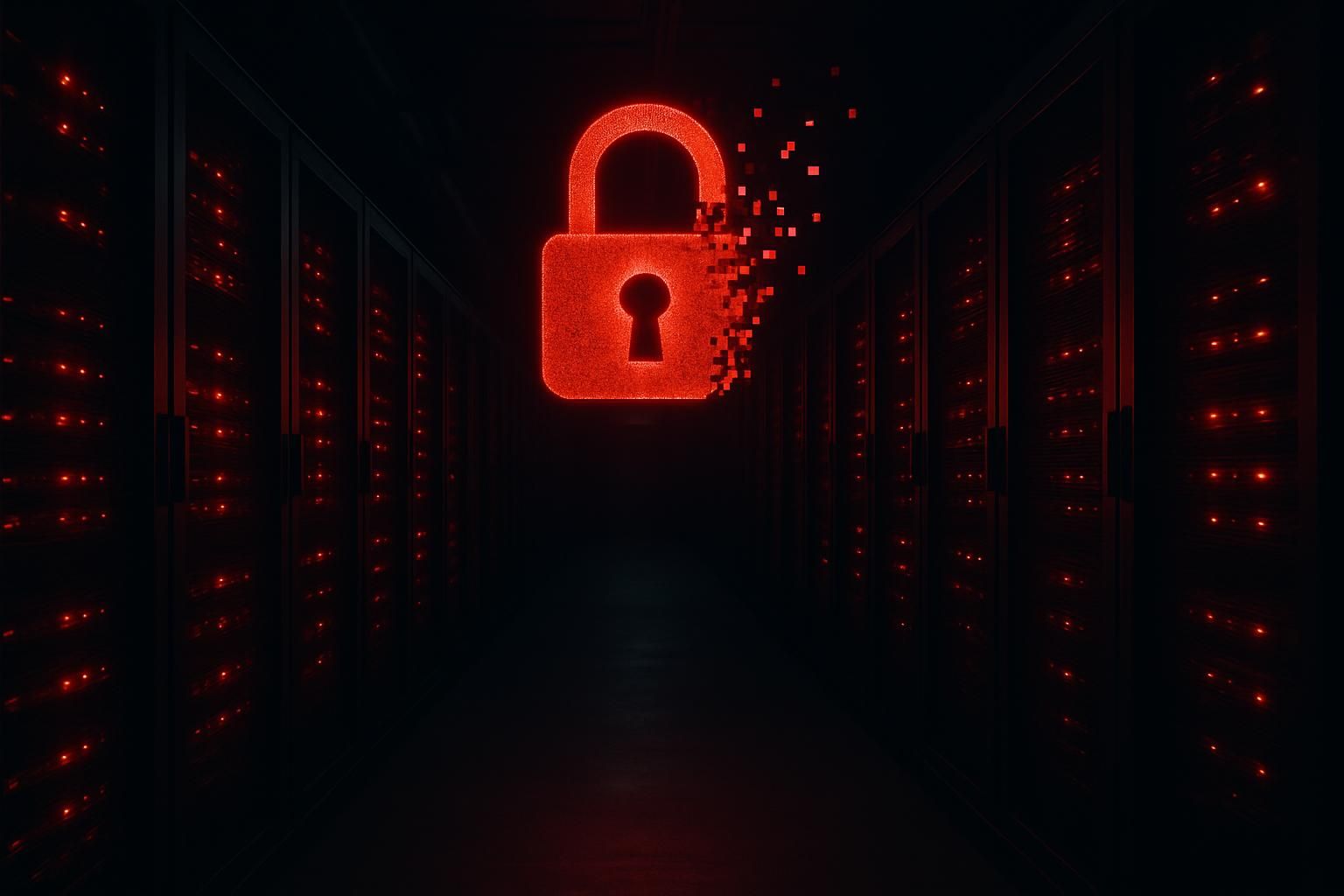 Servers in een datacenter met een digitaal hangslot dat openbreekt, symbool voor een beveiligingsincident