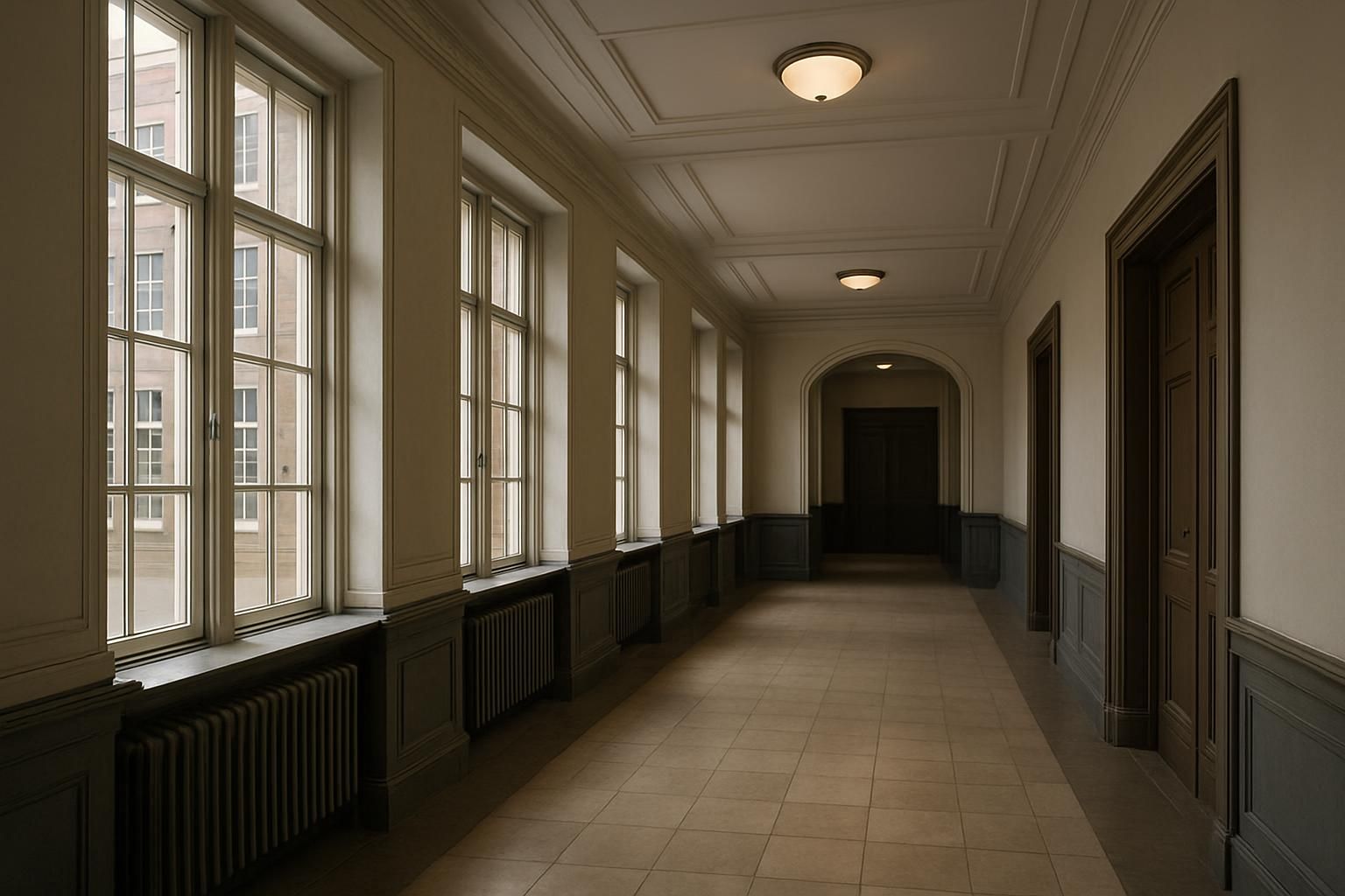 Lege gang in een Nederlands overheidsgebouw met hoge ramen en zacht daglicht
