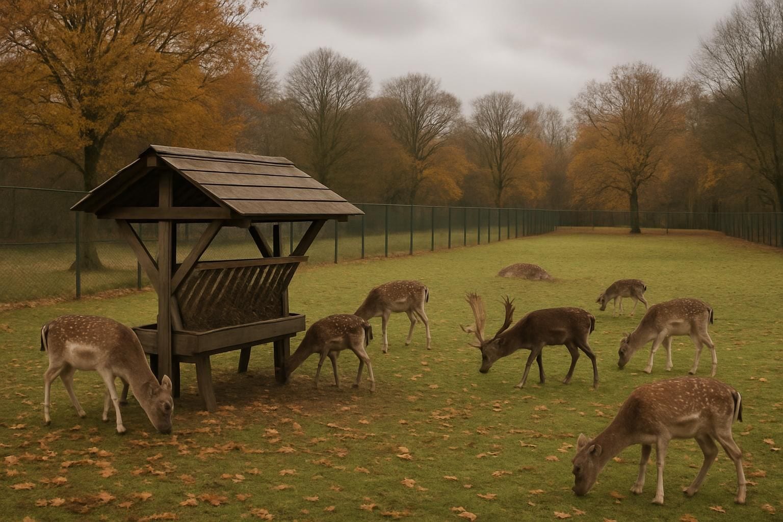 Een hertenkamp met damherten bij een voederbak