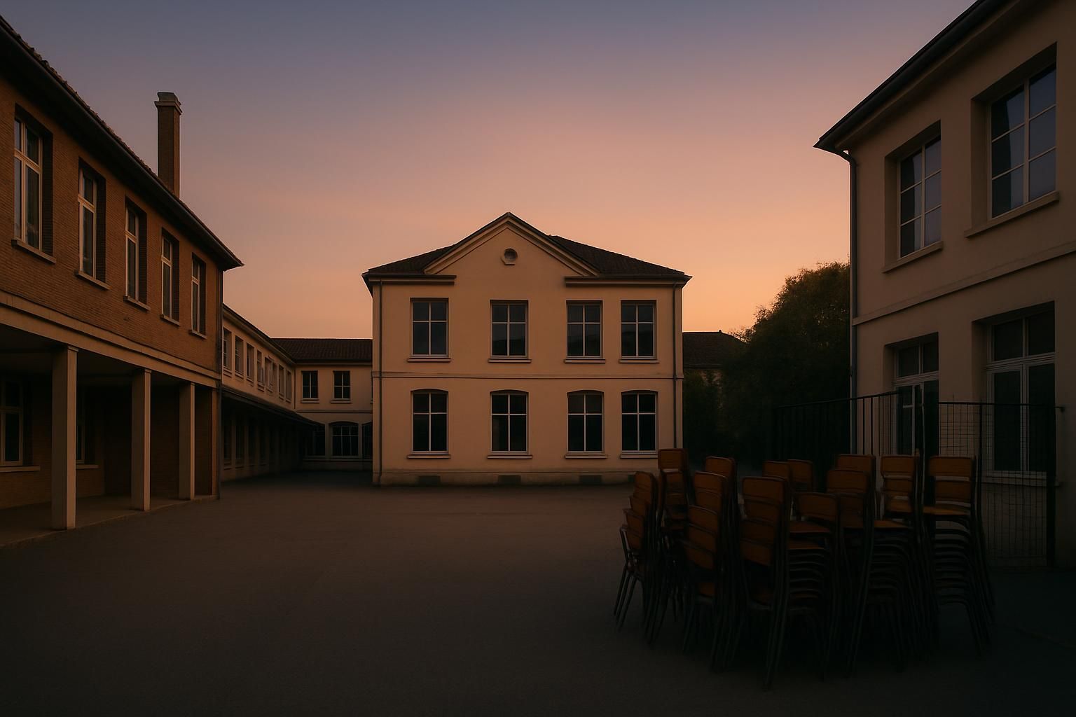 Lege binnenplaats van een Franse middelbare school, symbool voor de aanhoudende scholierenprotesten