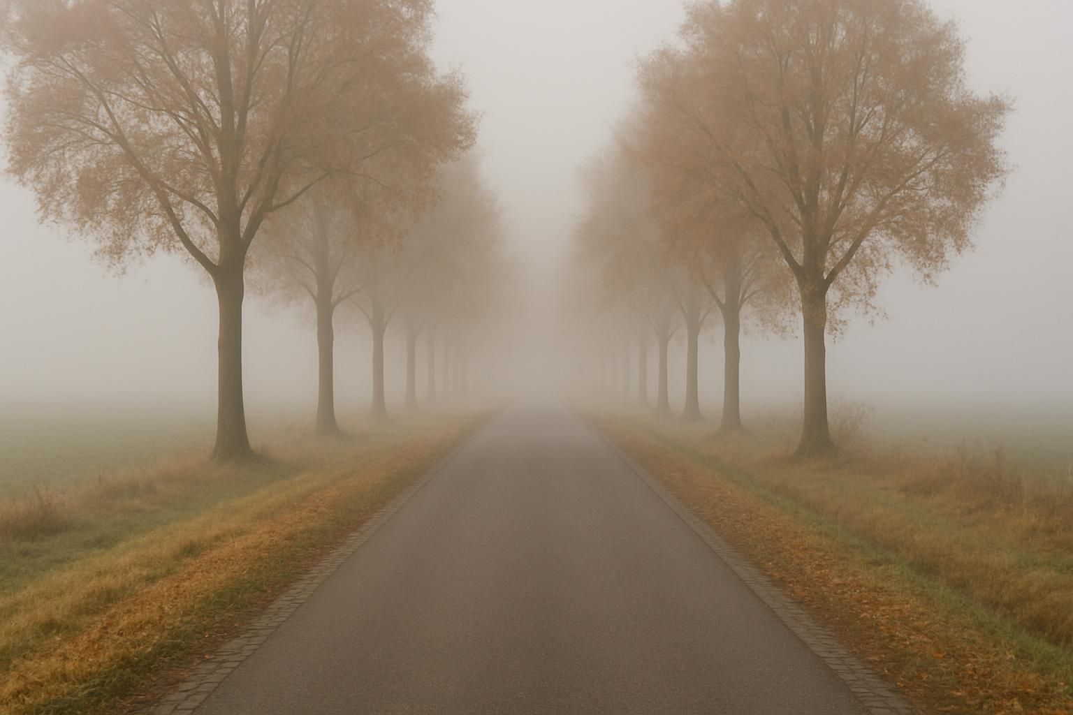 Dichte ochtendmist boven een Nederlandse polderweg