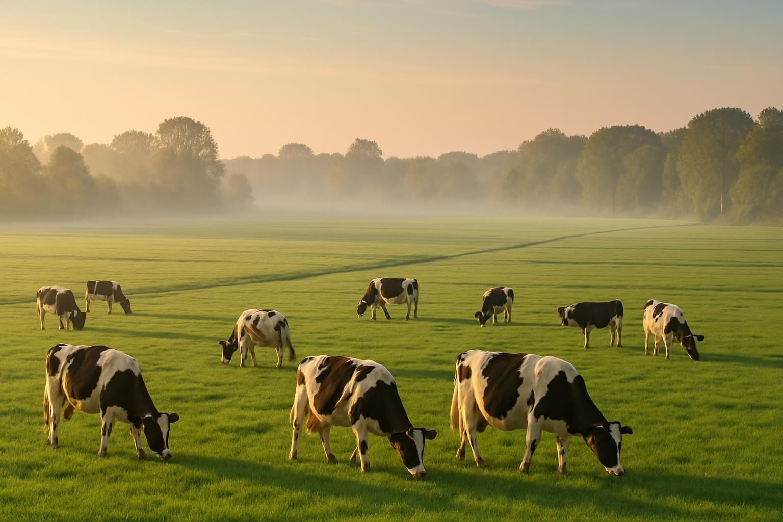 Nederlands boerenland grenzend aan een natuurgebied, met koeien in de wei