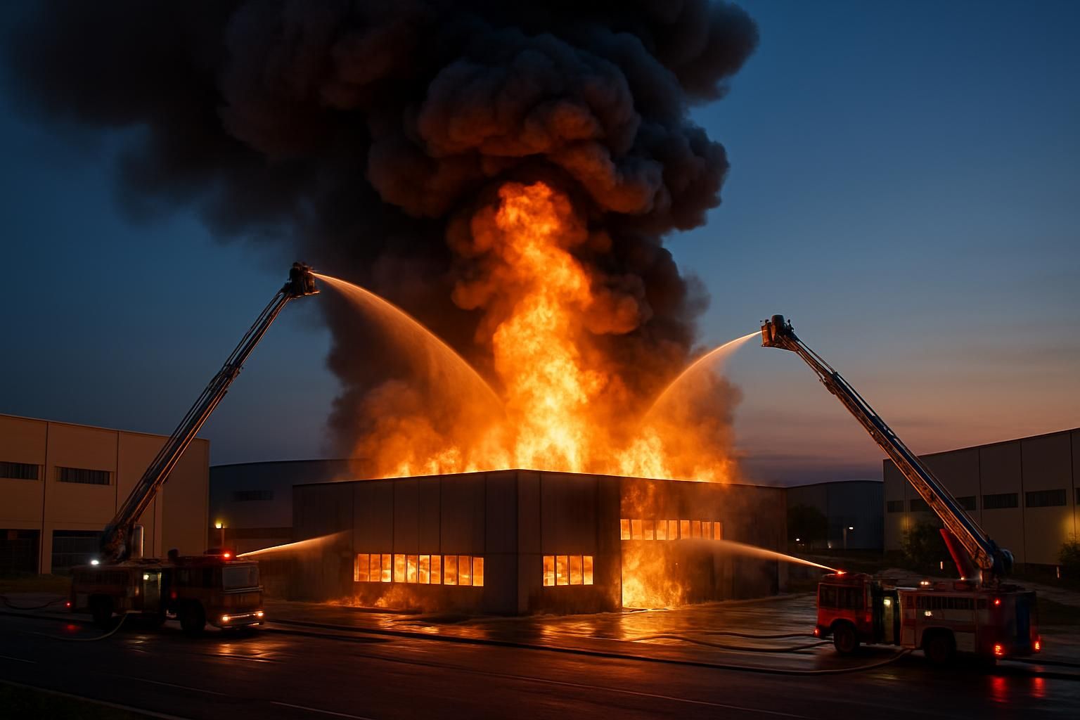 Grote brand met dikke rook bij een bedrijfspand op een bedrijventerrein, met brandweervoertuigen